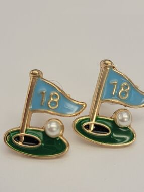 Fashion Jewelry Blue and Green Golf Flag Number 18 Stud Earrings